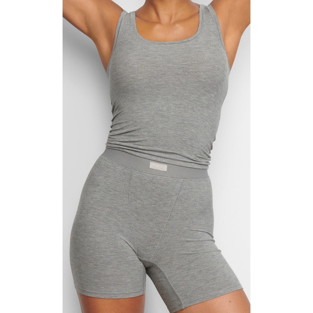 SKIMS Heather Gray Ribbed Tank and Shorts Set
